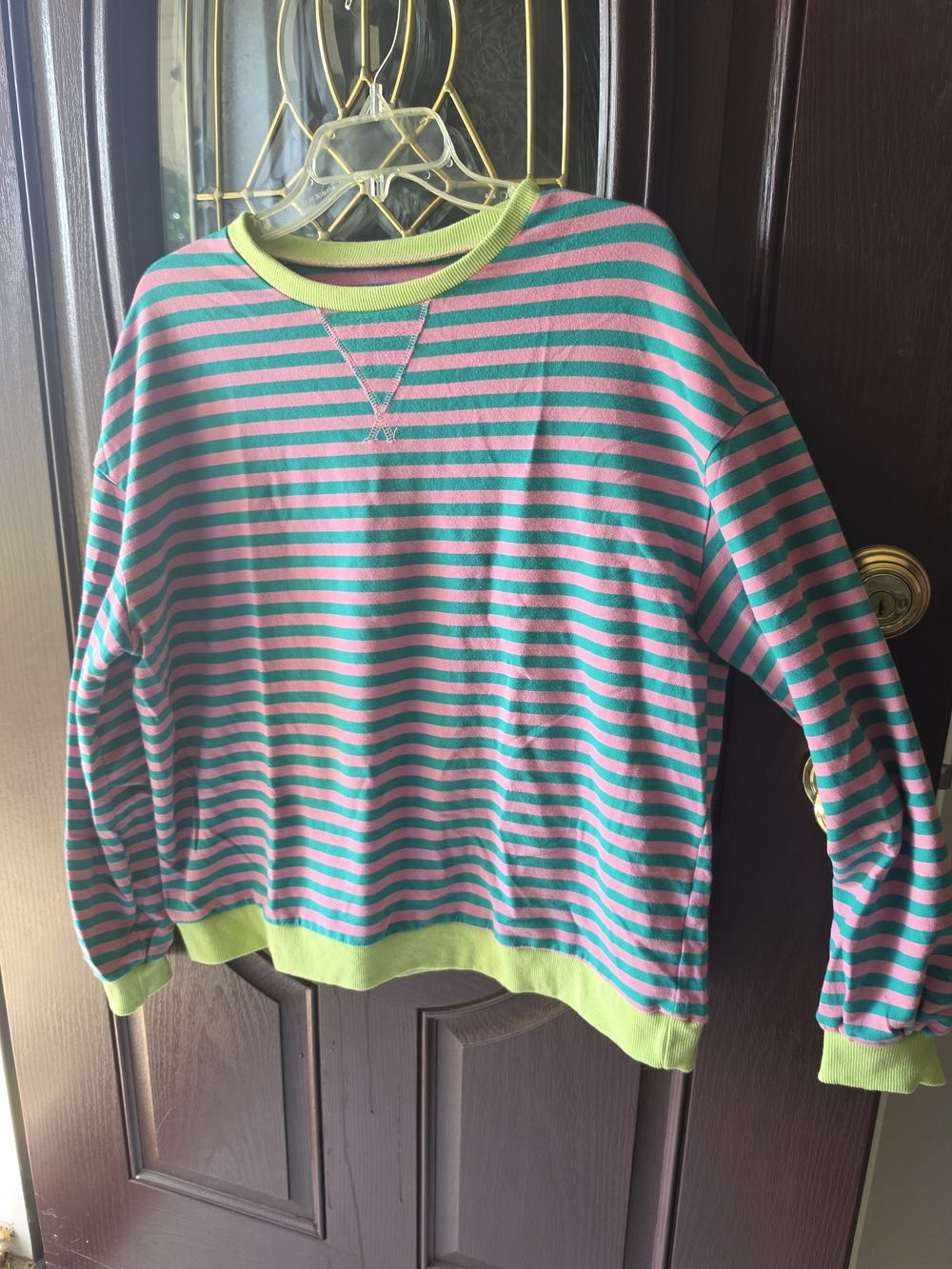 Striped Crewneck Sweatshirt in Teal & Pink with Lime Trim